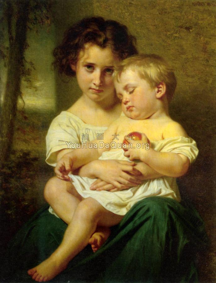 Jeune fille tenant un enfant endormi - 休斯·默尔